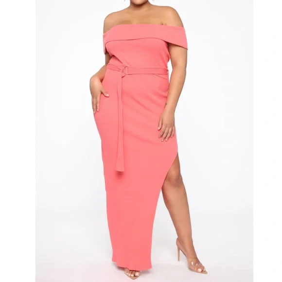 Fashion Nova Pink Ribbed Off Shoulder New Stretch Belted Maxi Dress Plus  Size 3X